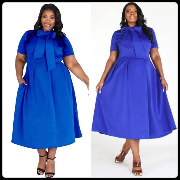 SOLD OUT: Solid Royal Blue Midi Flare Style Dress with Necktie, - Picture 6 of 13
